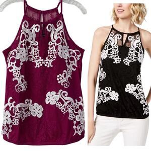 INC‎ International Concepts Floral Embroidered Halter Tank Top Pink Lace Size M